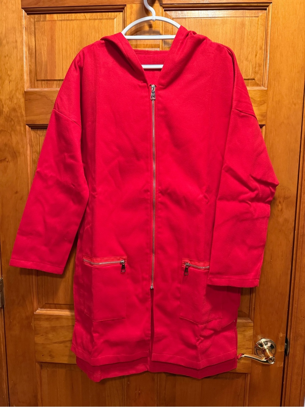 Women’s Red Hooded Zip-Front Coat